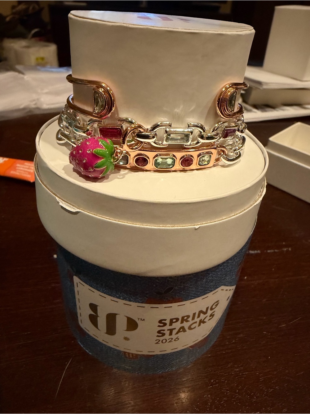 Mixed Metal Bracelet Stack with Pink Strawberry Charm